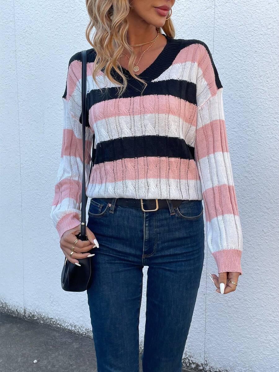 SHEIN LUNE Striped Color Block Drop Shoulder Fashionable Women's Sweater - Pink - View 1