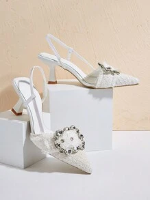 婚禮晚宴女性高跟鞋,白色性感尖頭塑料皮革涼鞋,帶踝帶和金屬扣,細高跟 - 白色 - 查看 2