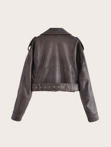 落肩袖腰帶PU皮革機車夾克 - 鏽棕色 - 查看 2
