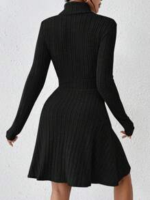 SHEIN Frenchy Women's Black Skirt Turtleneck Ribbed Bodycon With Sleeves Dress - Black - View 2
