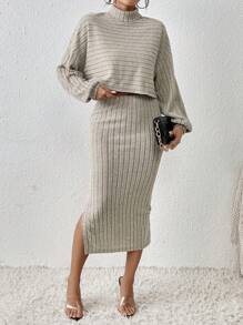 SHEIN Frenchy 女款純色短上衣+長開衩裙套裝 - 杏色 - 查看 6