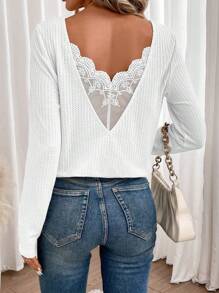 SHEIN Frenchy Ladies' Long Sleeve Lace Splice T-shirt - White - View 1