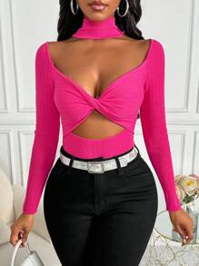 Zolique Women's Solid Color Twisted & Hollow Knitted Sweater  Fall Winter Outfit - Hot Pink - View 6
