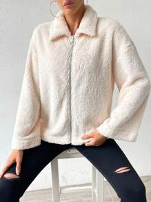 SHEIN Essnce Furry Zipper Closure Drop Shoulder Sleeve Jacket - Apricot - View 5