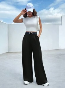 SHEIN EZwear 女士寬腿褲,帶口袋設計 - 黑色 - 查看 6