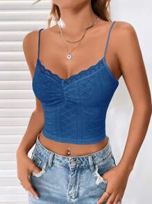 SHEIN EZwear Dệt kim Cami ngọn Với Mảnh Lace - Màu xanh lam - Xem 1