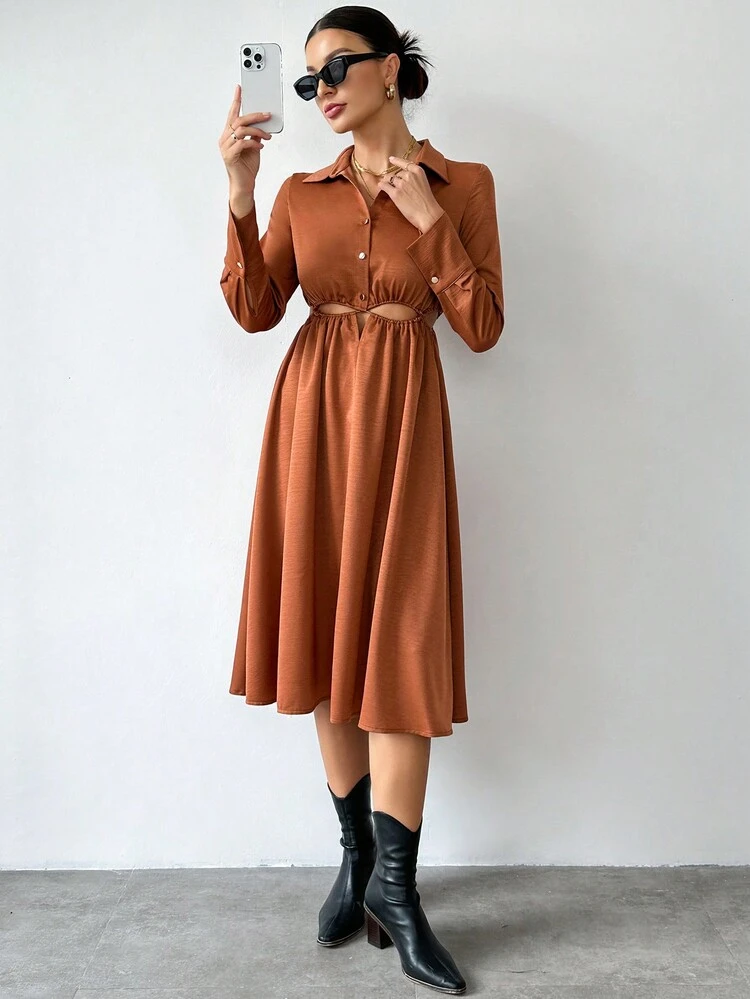 Hollow Out Waist Buckle Closure Long Sleeve Dress