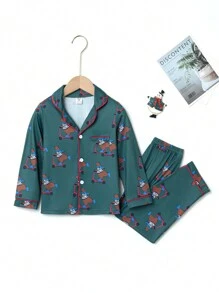 男童(小)卡通印花長袖上衣長褲家居服 - 綠色 - 查看 1