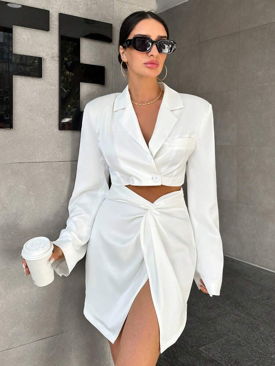 EURMUSE Ladies' Short Suit Jacket + Twisted Hem Mini Skirt Set - White - View 1