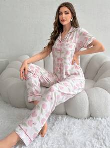 Conjunto De Pijama Para Mujeres De Camisa De Manga Corta Con Estampado De Tulipanes Y Pantalones Largos A Juego - Rosa Pálido - Ver 6