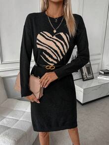 SHEIN LUNE Women's Zebra Pattern Heart Shaped Round Neck Casual Sweater Dress - Black - View 6