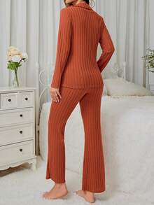 女款純色翻領扣環口袋羅紋針織休閒套裝 - 棕色 - 查看 2