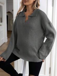 SHEIN 孕妇落肩翻领毛衣，冬季 - 深灰色 - 查看 3