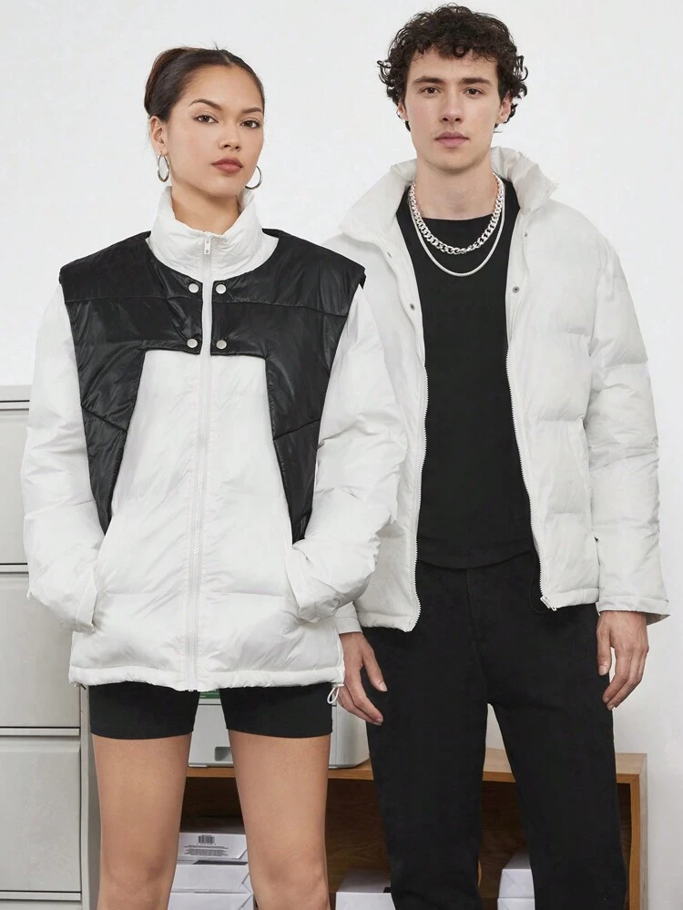 Men Two Tone Zip Up Loose Padded Coat, For Fall Winter