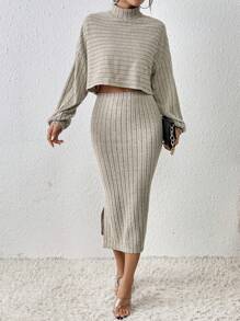 SHEIN Frenchy 女款純色短上衣+長開衩裙套裝 - 杏色 - 查看 3