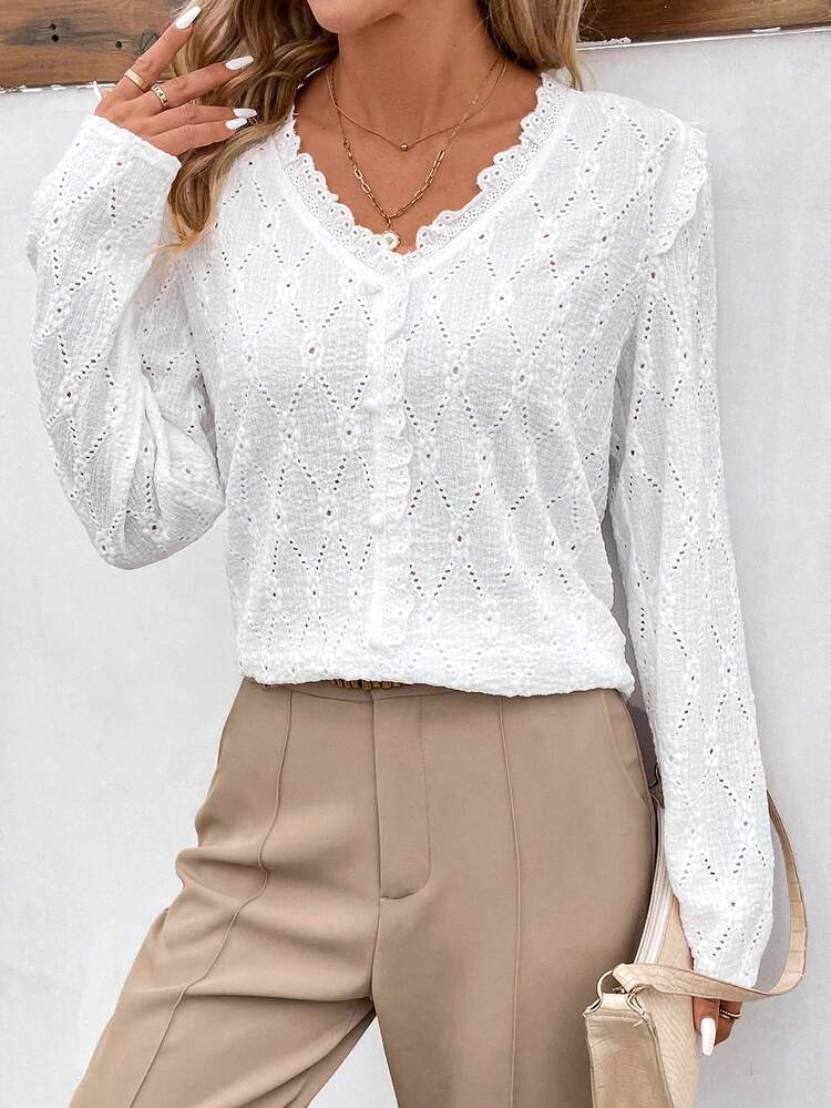 Women's Textured Fabric Lace Patchwork Frill Trim White Spring Break Summer Shirt Winter Casual