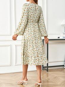 SHEIN LUNE 女款荷葉邊花卉燈籠袖連身裙 - 綠色 - 查看 2
