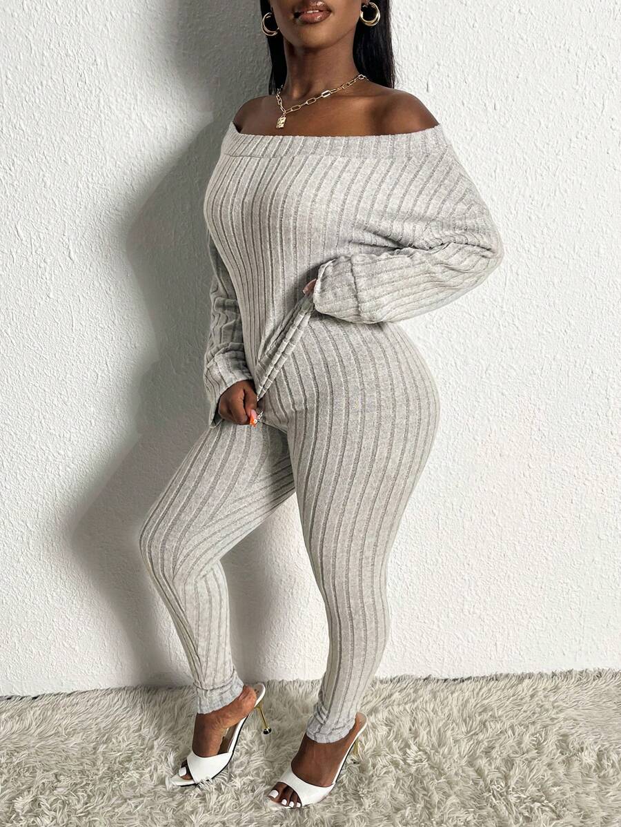 Slaydiva 一字肩T恤和緊身褲 - 淺灰色 - 查看 1