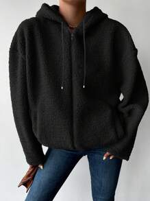 EURMUSE Women's Solid Color Hooded Drop Shoulder Jacket - Black - View 4