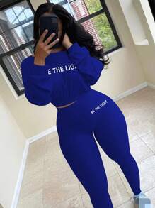 INAWLY 女裝字母印花上衣和緊身褲2件套裝 - 藍色 - 查看 1