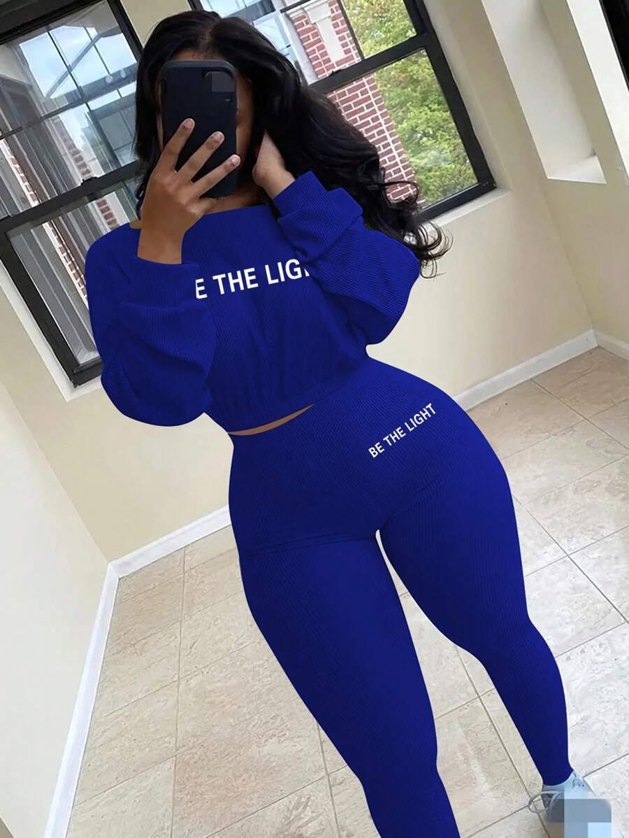 INAWLY 女裝字母印花上衣和緊身褲2件套裝 - 藍色 - 查看 1