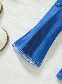 SHEIN 女童荷叶边罗纹上衣和牛仔效果喇叭裤两件套 - 黑色 - 查看 3