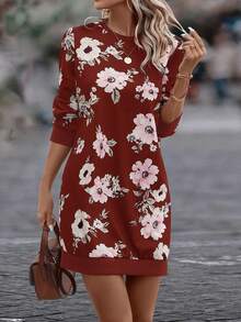 EMERY ROSE 女士花卉印花運動衫連衣裙 - 酒紅色 - 查看 3