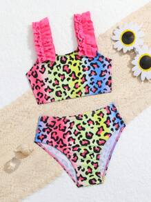 Traje De Baño Para Niñas Pequeñas Con Estampado Aleatorio Y Ribetes De Volante - Multicolor - Ver 1