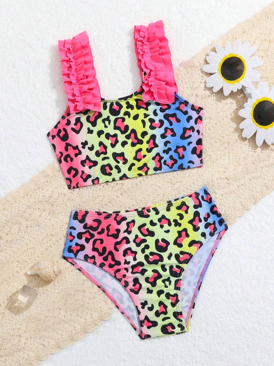 Traje De Baño Para Niñas Pequeñas Con Estampado Aleatorio Y Ribetes De Volante - Multicolor - Ver 1