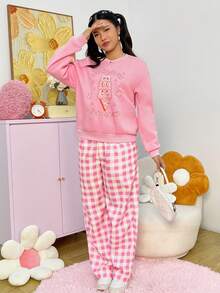 SHEIN EZwear 卡通和文字設計休閒運動衫 - 粉色 - 查看 4