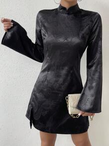 Chiquease 女士錦繡立領喇叭袖旗袍連衣裙 - 黑色 - 查看 3