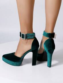 Women's Pointed Toe Waterproof Platform Thick Heel High Heels Pumps - Dark Green - View 4