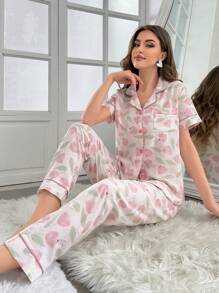 Conjunto De Pijama Para Mujeres De Camisa De Manga Corta Con Estampado De Tulipanes Y Pantalones Largos A Juego - Rosa Pálido - Ver 3