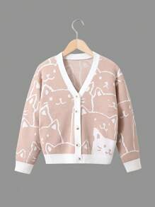 SHEIN Áo khoác cardigan cổ chữ V họa tiết mèo hoạt hình dành cho bé gái tuổi teen - Màu Khaki - Xem 1