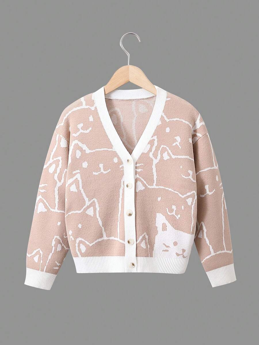 SHEIN Áo khoác cardigan cổ chữ V họa tiết mèo hoạt hình dành cho bé gái tuổi teen - Màu Khaki - Xem 1