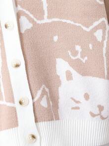 SHEIN Áo khoác cardigan cổ chữ V họa tiết mèo hoạt hình dành cho bé gái tuổi teen - Màu Khaki - Xem 3