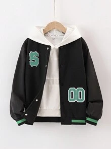 男童休閒保暖棒球外套,有字母印花,適用於秋冬季節 - 黑色 - 查看 1