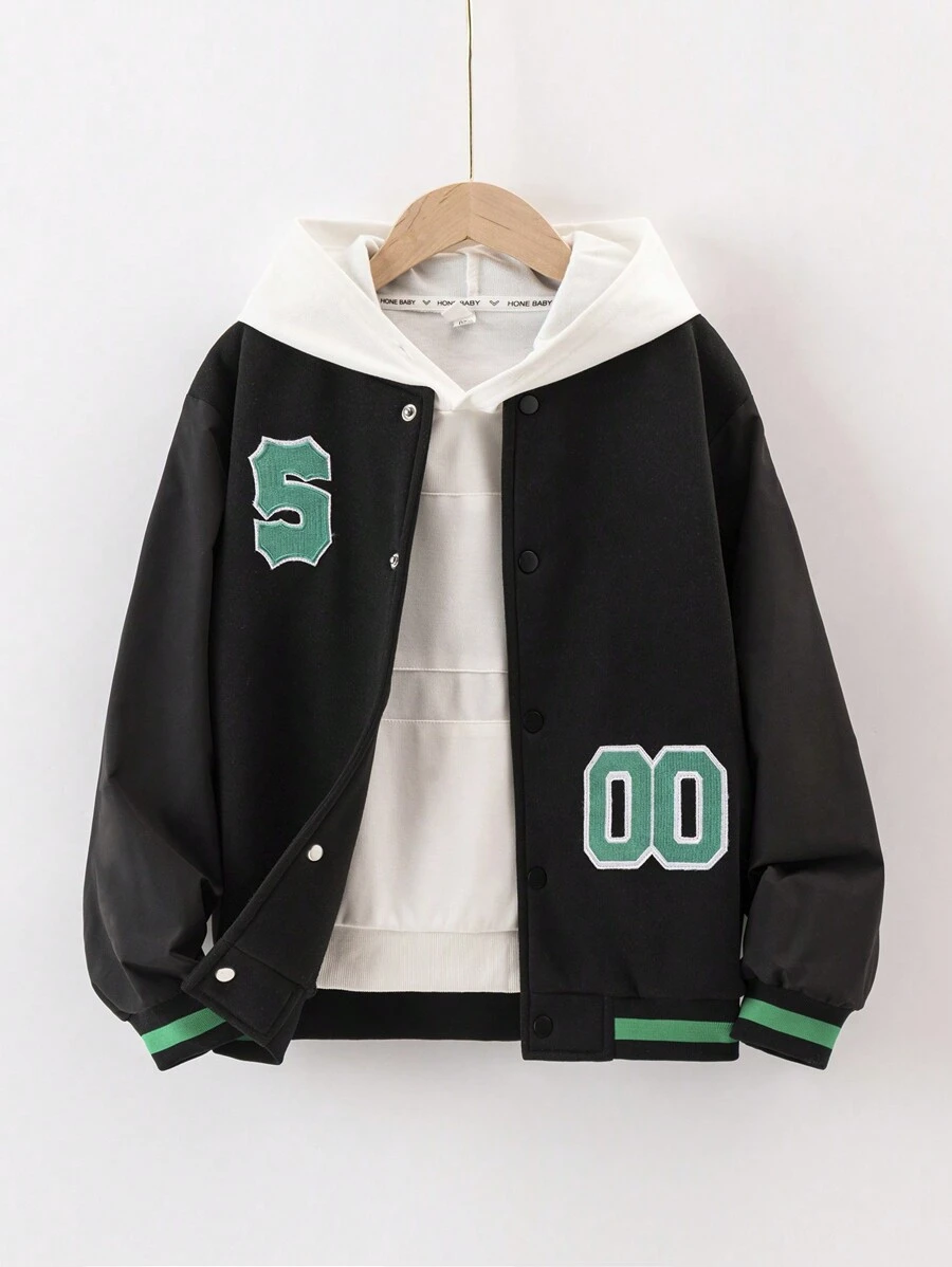 男童休閒保暖棒球外套,有字母印花,適用於秋冬季節 - 黑色 - 查看 1