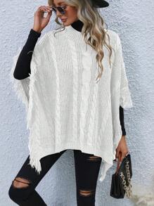 SHEIN LUNE Tassel-Edge Poncho Sweater Knit Pullover Fall Winter Outfit - White - View 5