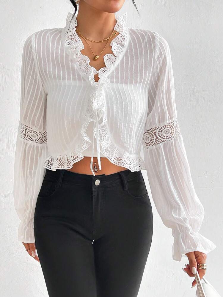 Lace Patchwork Front Tie Hem Ruffle Trim Short Blouse