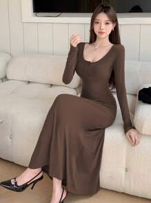 DAZY Women Solid Color Daily Wear Button Front Dress,Fall Dress Long Sleeve Dress