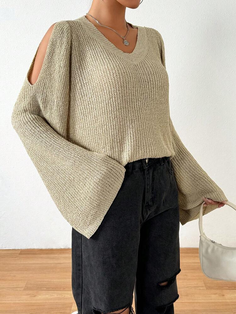 Women's Cold Shoulder Lantern Sleeve Knit Pullover Fall Winter Sweater