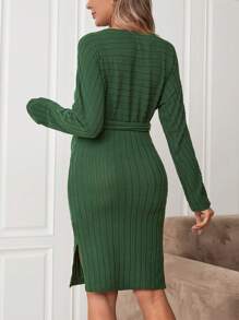 SHEIN Maternity Long Sleeve Dress With Slit Hem And Waist Belt