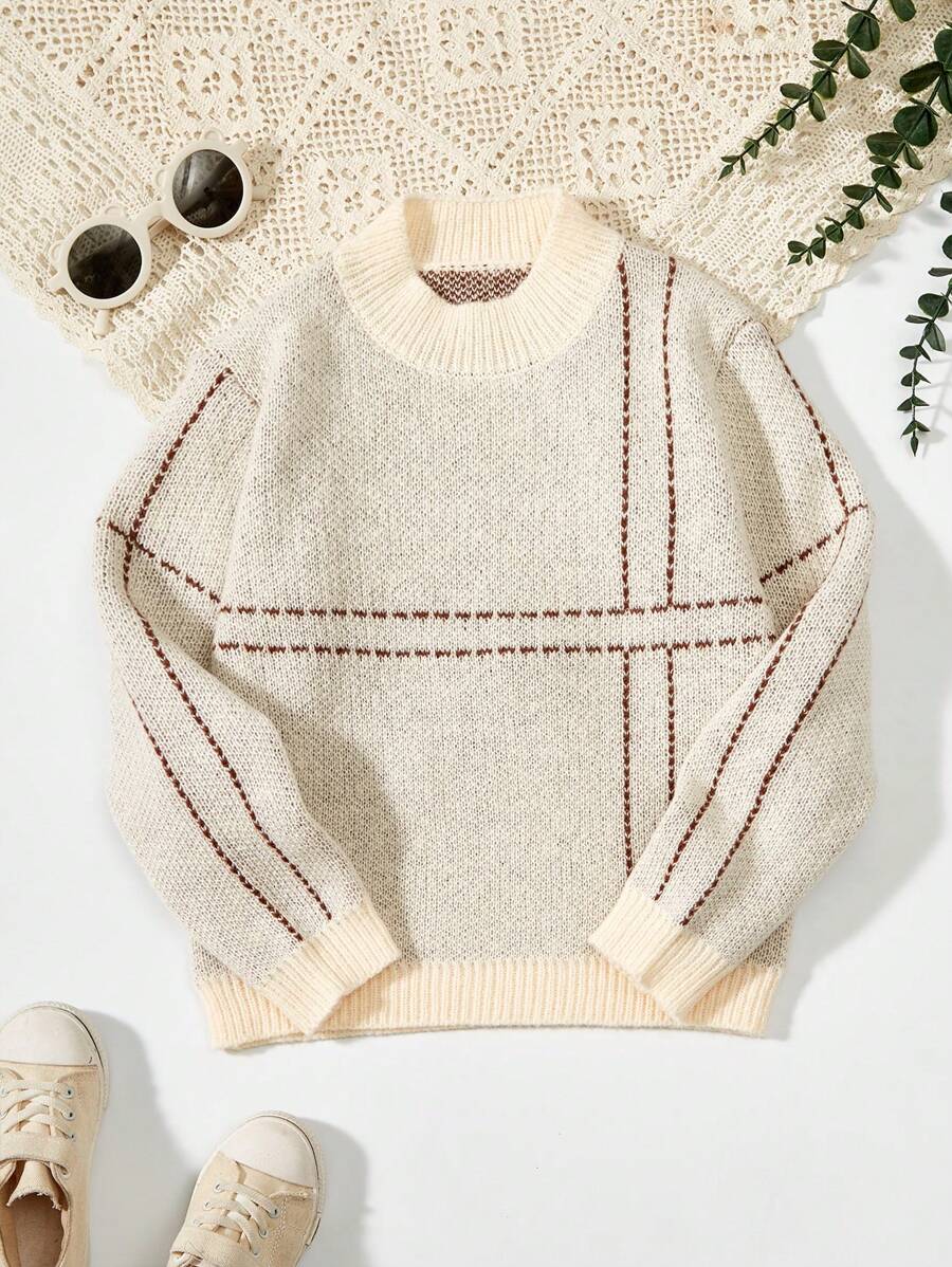 時尚男童休閒條紋套頭毛衣 - 杏色 - 查看 1