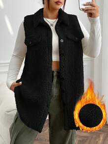 SHEIN EZwear Áo khoác vest Teddy có chi tiết vạt kép, cho mùa đông - màu đen - Xem 1