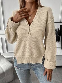 SHEIN LUNE 女士开衩下摆落肩套头针织衫秋冬毛衣 - 杏色 - 查看 1