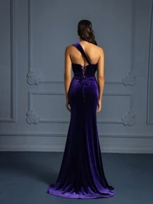 Elegante Vestido De Fiesta Sólido Largo Morado Con Escote Diagonal Para Mujeres