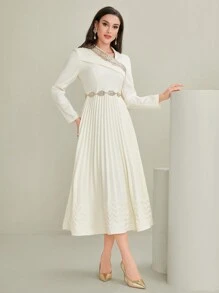 Modelyn Asymmetrical Neck Embroidered Pleated Long Sleeve Dress Without Belt