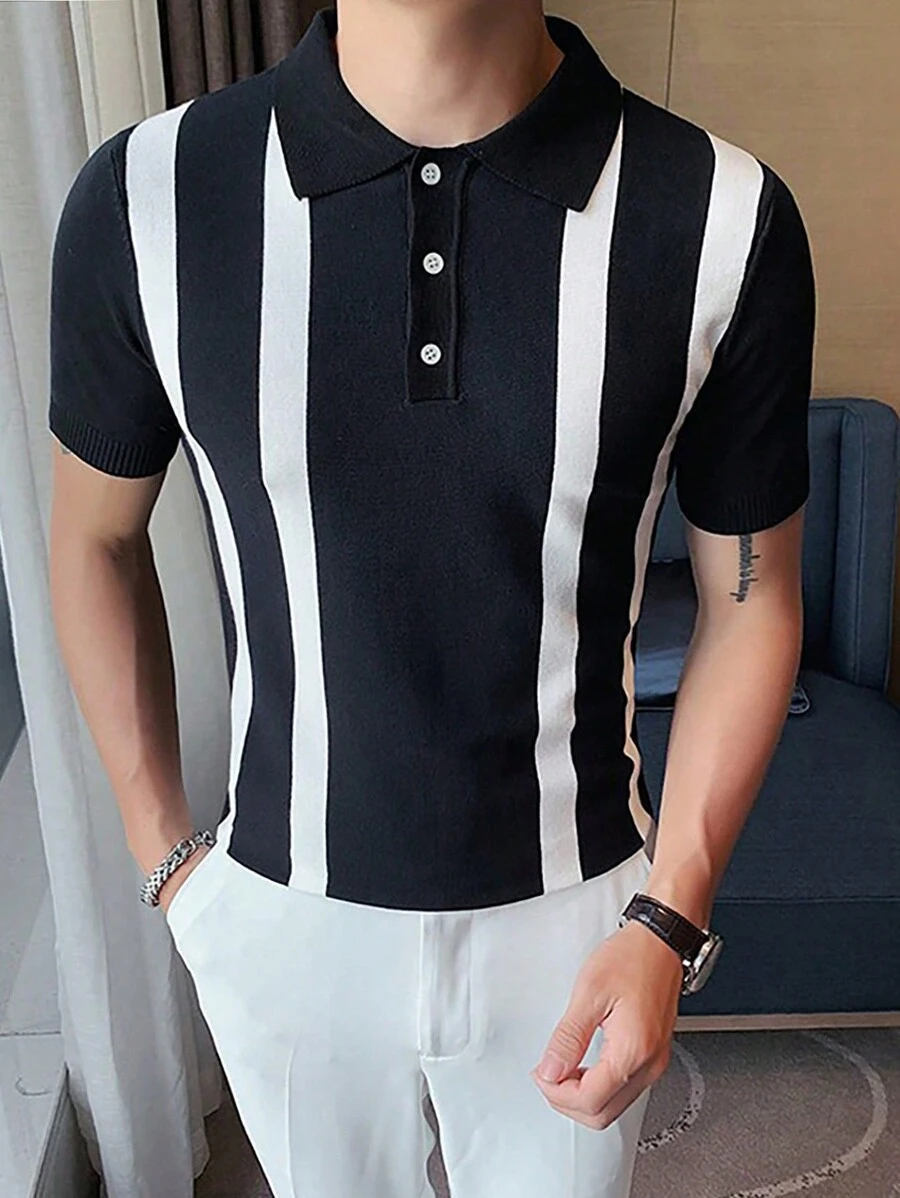 男士翻領拼色針織毛衣 - 黑色 - 查看 1