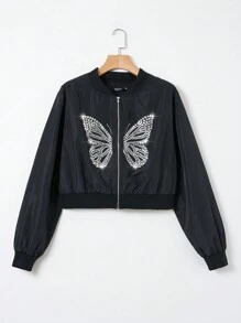 SHEIN EZwear 加大號鑲有螢石蝴蝶圖案的拉鍊飛行外套 - 黑色 - 查看 1